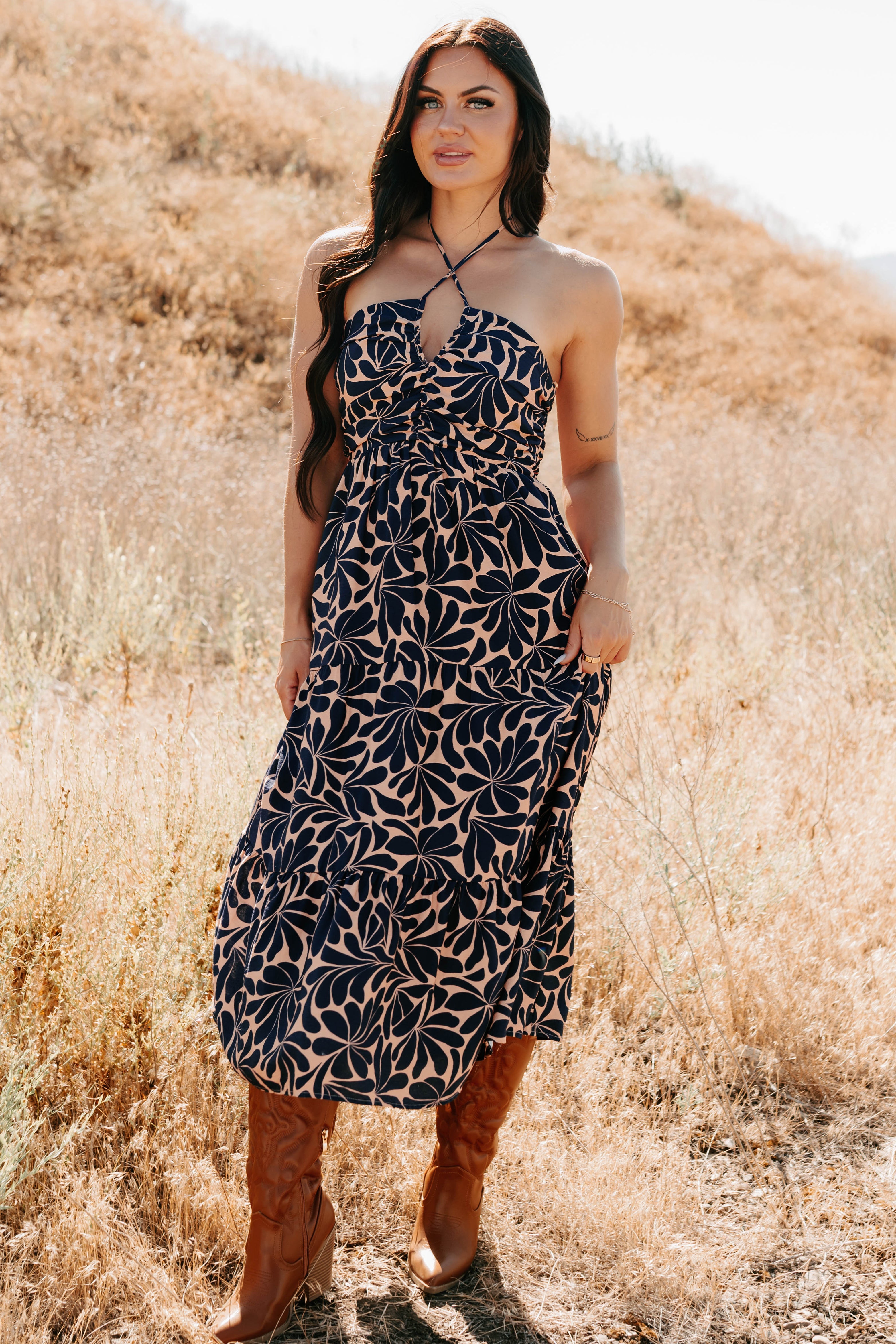 Purpose Driven Printed Halter Midi Dress (Navy/Clay)
