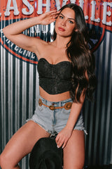 Glam Life Hook Front Strapless Floral Bustier Top (Black)