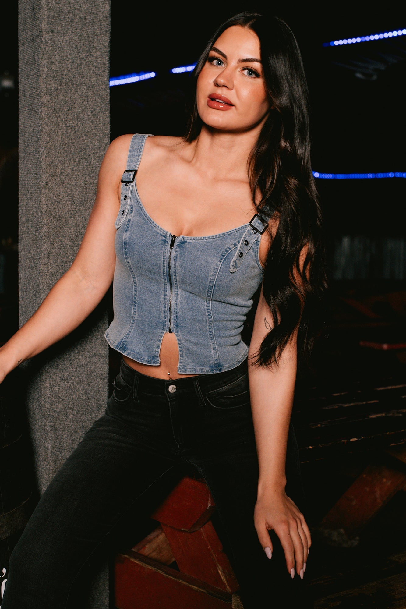 Lady's First Zip Up Denim Tank Top (Light Blue)