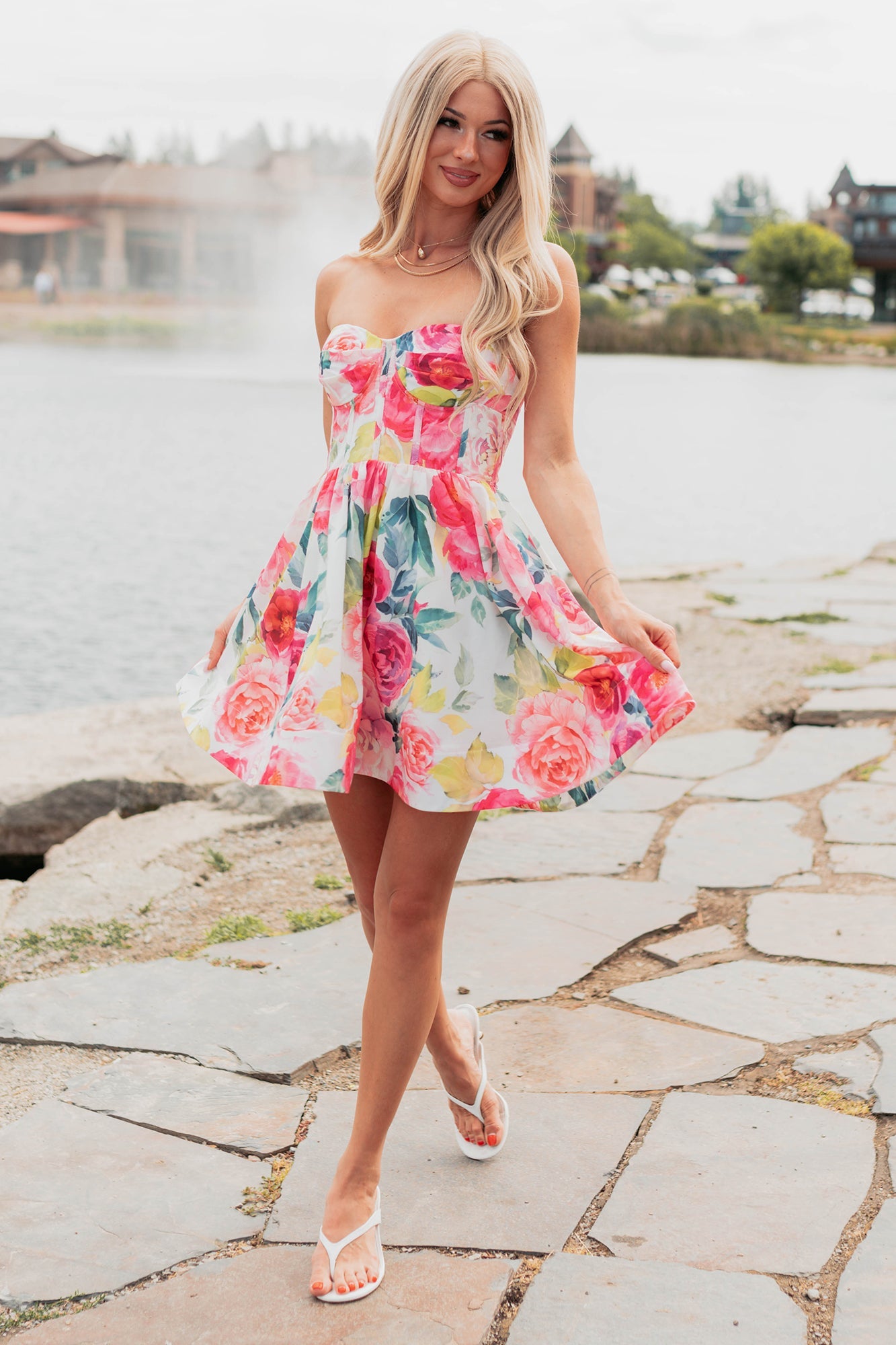 Flora's Garden Strapless Floral Corset Mini Dress (Pink)
