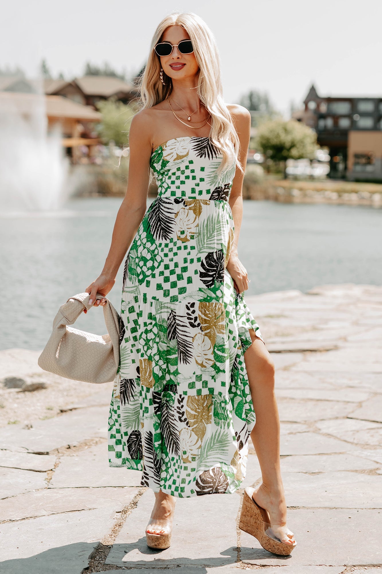 Feel It First Strapless Leaf Print Maxi Dress (Ivory/Green)