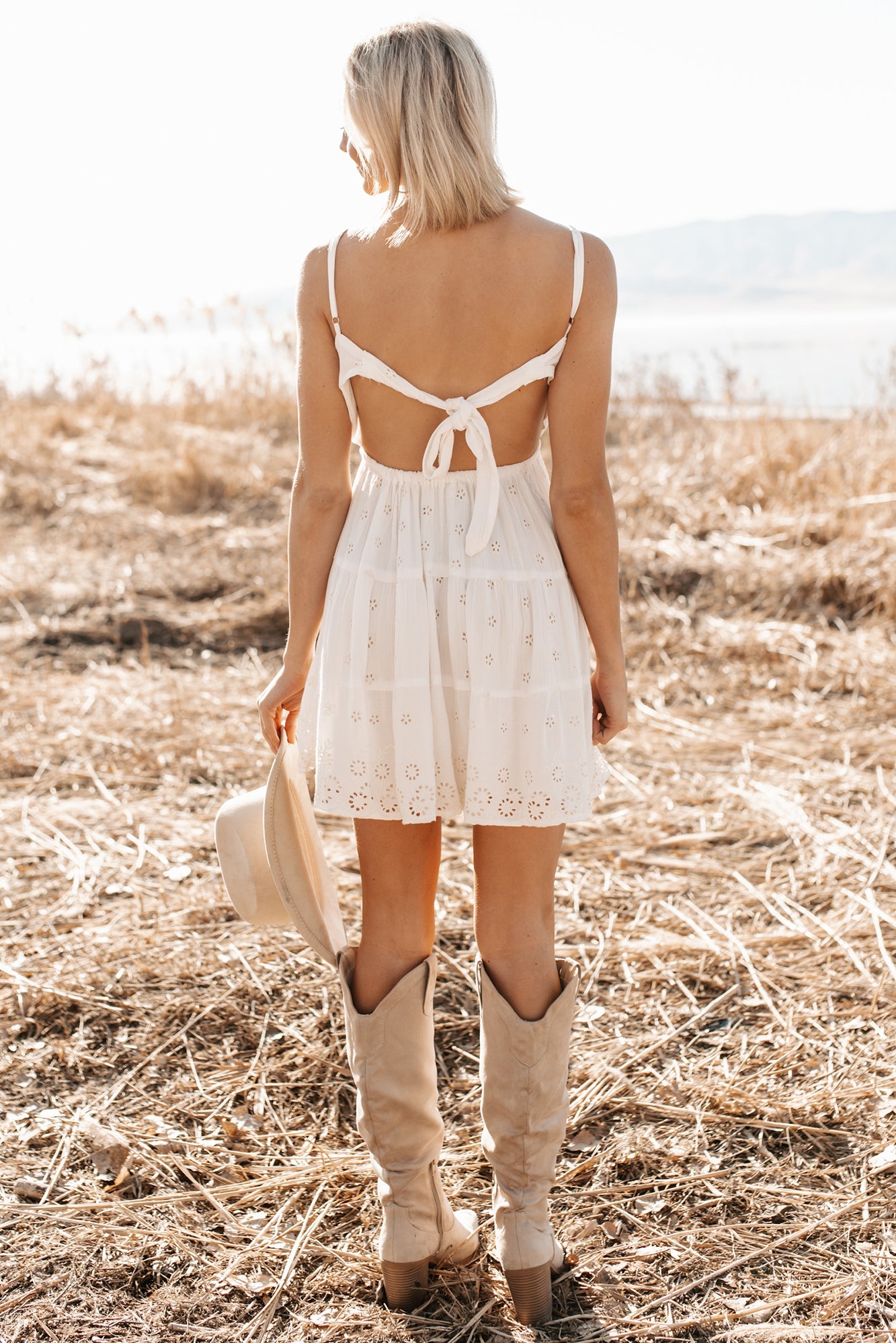 Sun-Kissed Stroll Eyelet Lace Embroidered Mini Dress (White)