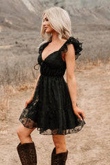 Petals In The Sun Chiffon Embroidered Mini Dress (Black)