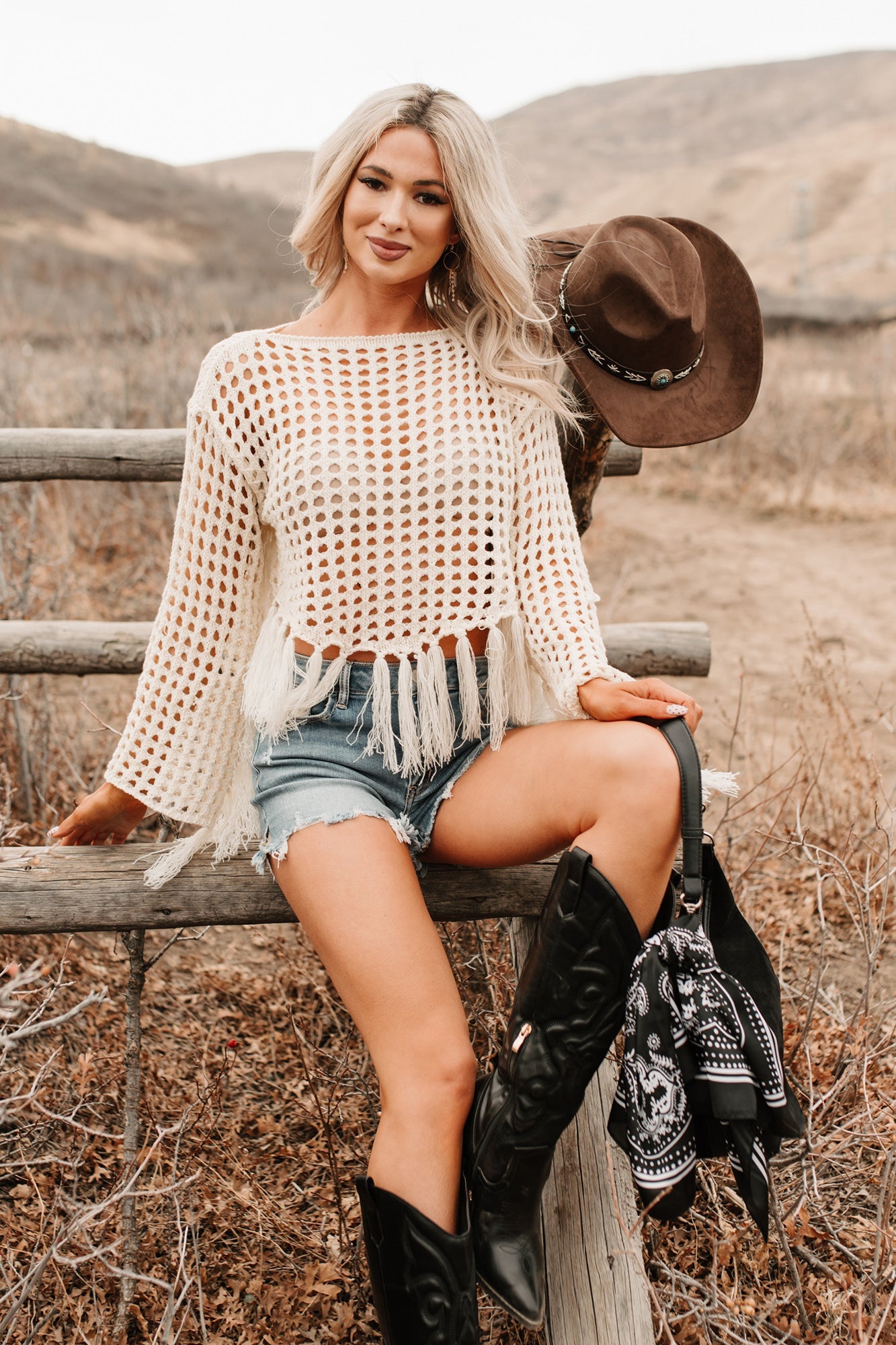 Open Skies Boatneck Crochet Sweater Fringe Top (Cream)