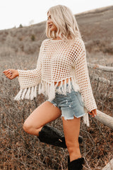 Open Skies Boatneck Crochet Sweater Fringe Top (Cream)