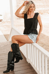 Evening Edit Lace Peplum Cap Sleeve Top (Black)