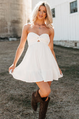 Sunshine Hour Twist Front Strapless Mini Dress (White)