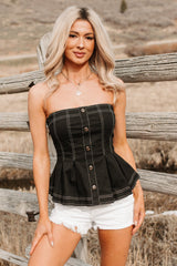Right On Time Strapless Pleated Peplum Top (Black)
