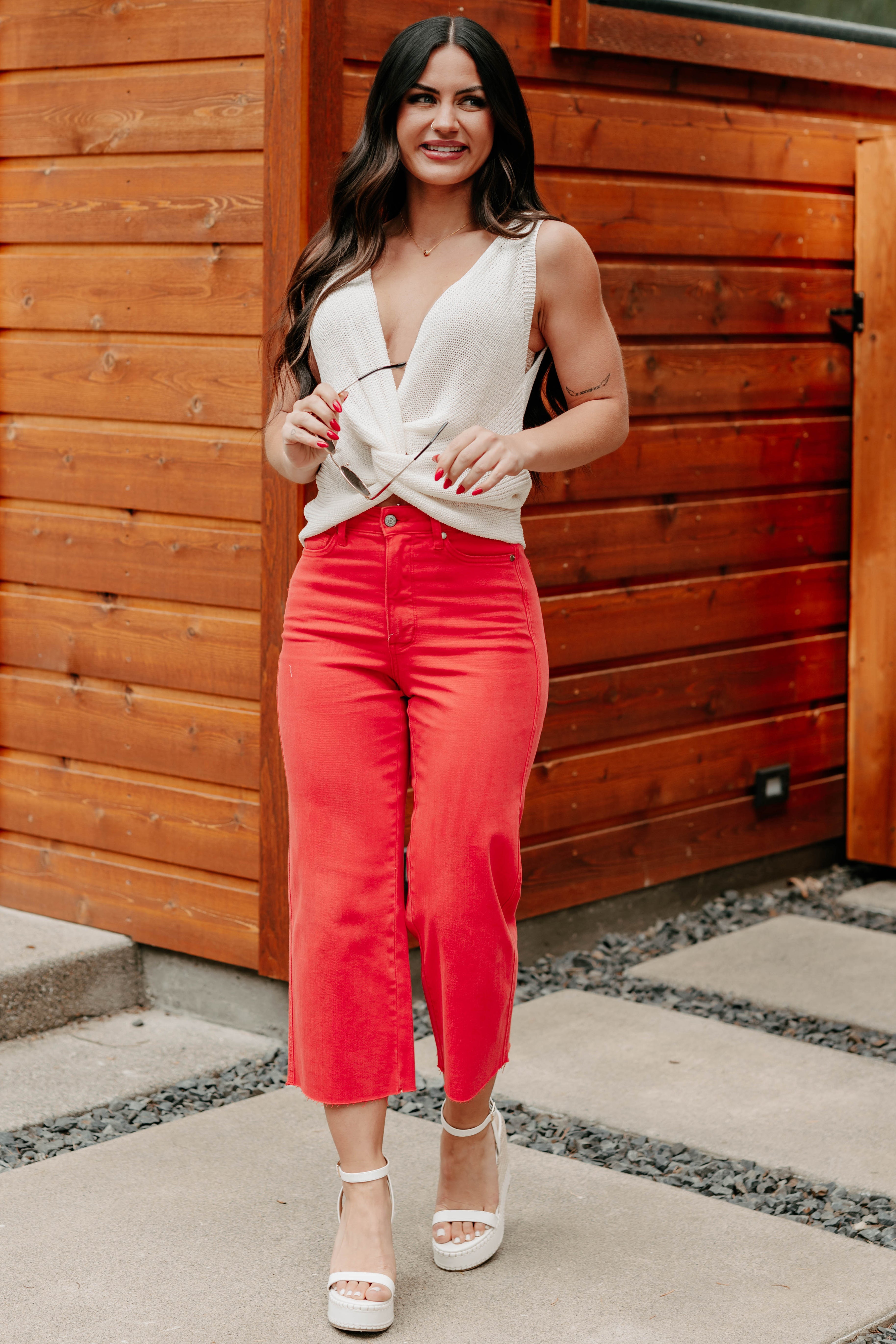 Eddie Tummy Control Wide Crop Judy Blue Jeans (Red)