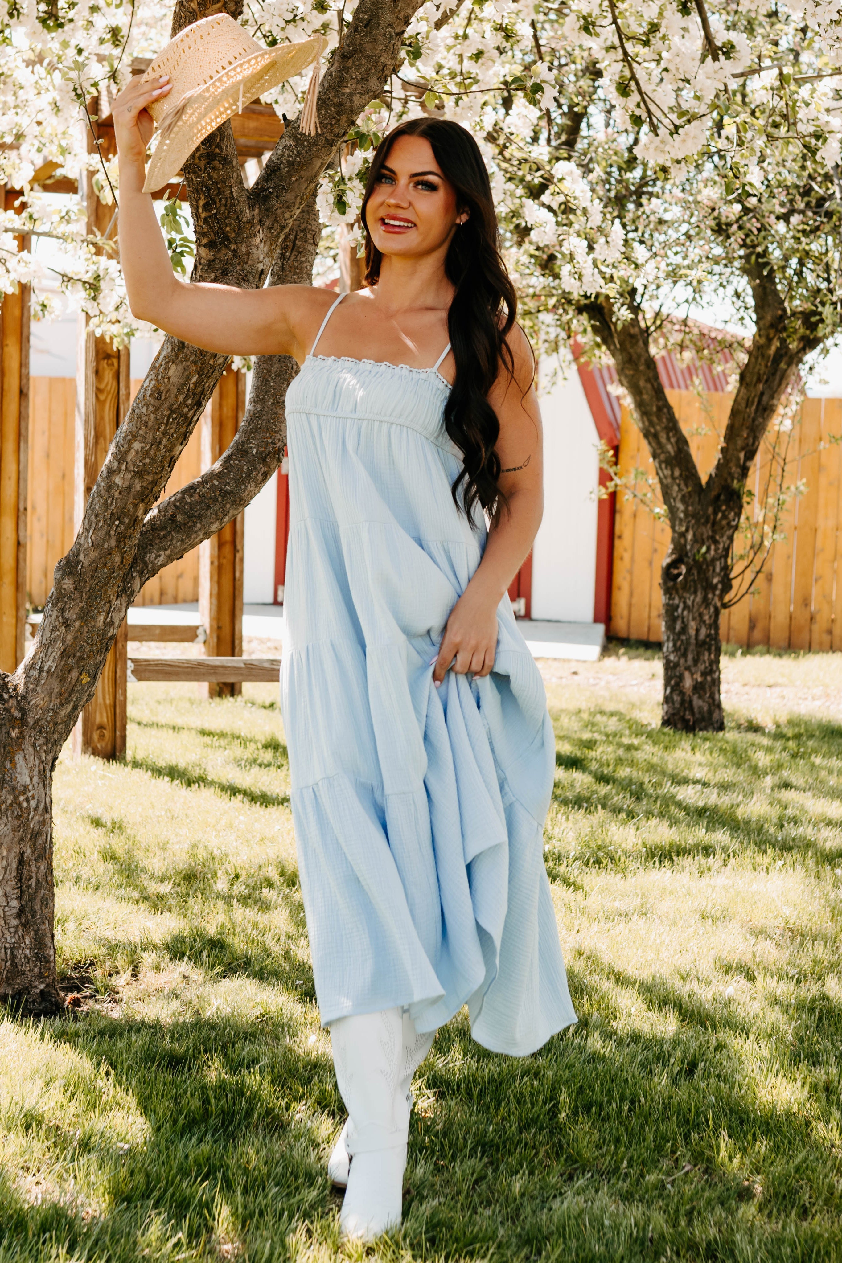 Twilight Glow Sleeveless Tiered Maxi Dress (Light Blue)