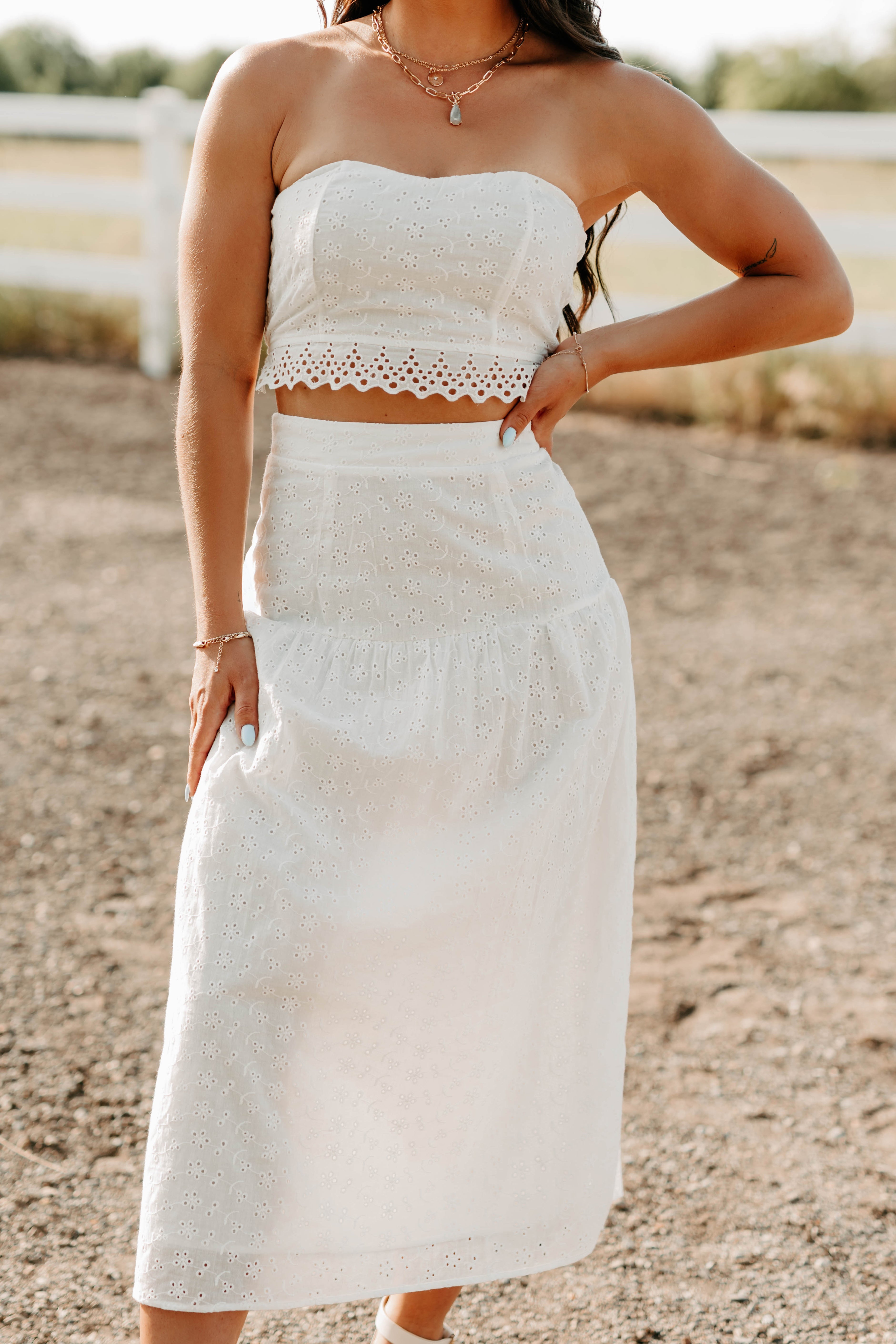 Crush Culture Crop Top Eyelet Skirt Set (White)