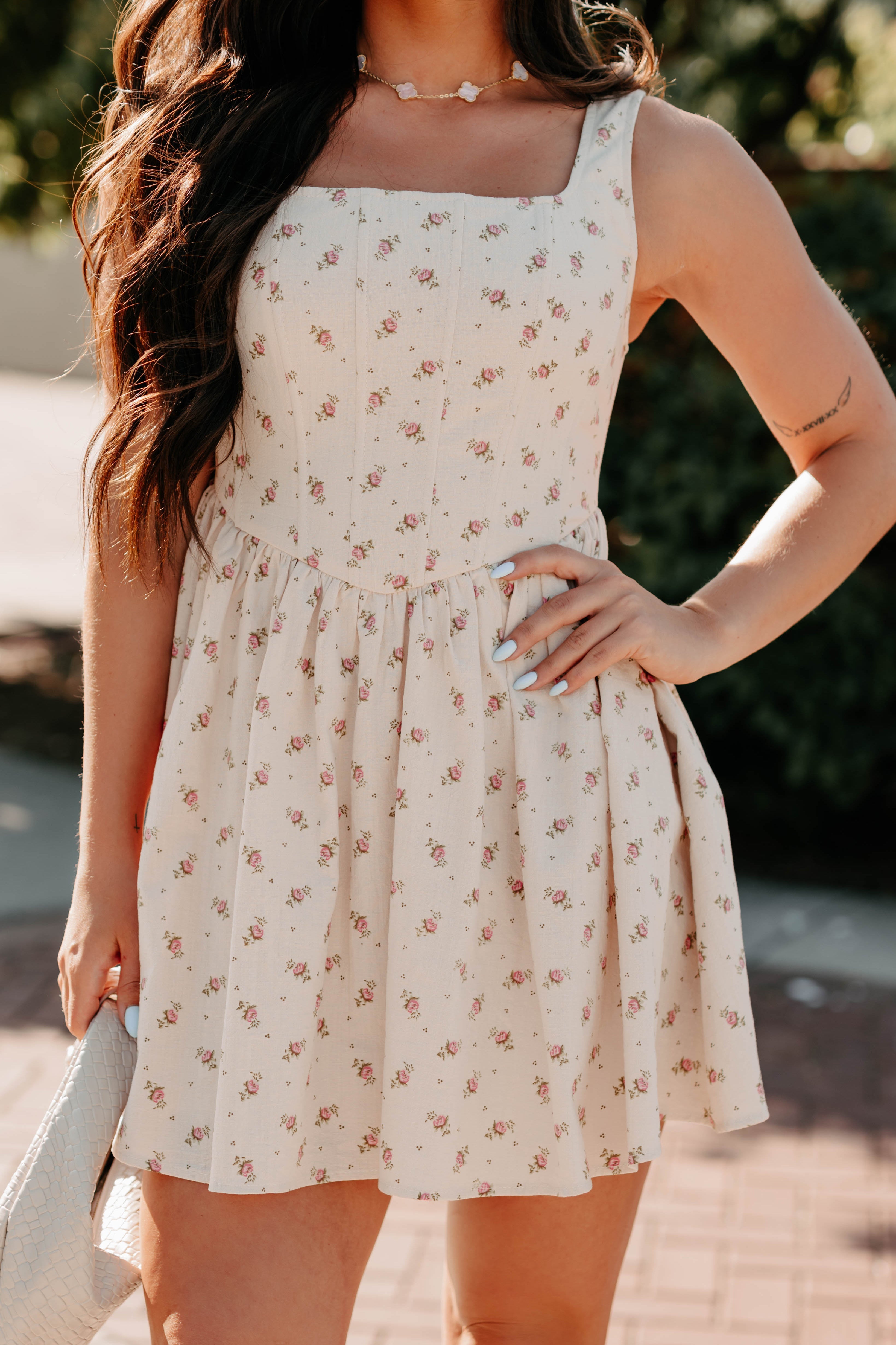 Blush Tells All Square Neck Floral Mini Dress (Natural)