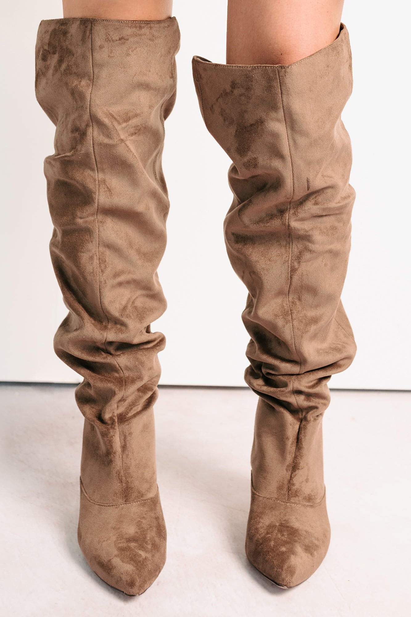 Staying Strong Faux Suede Stiletto Heel Boots (Taupe)