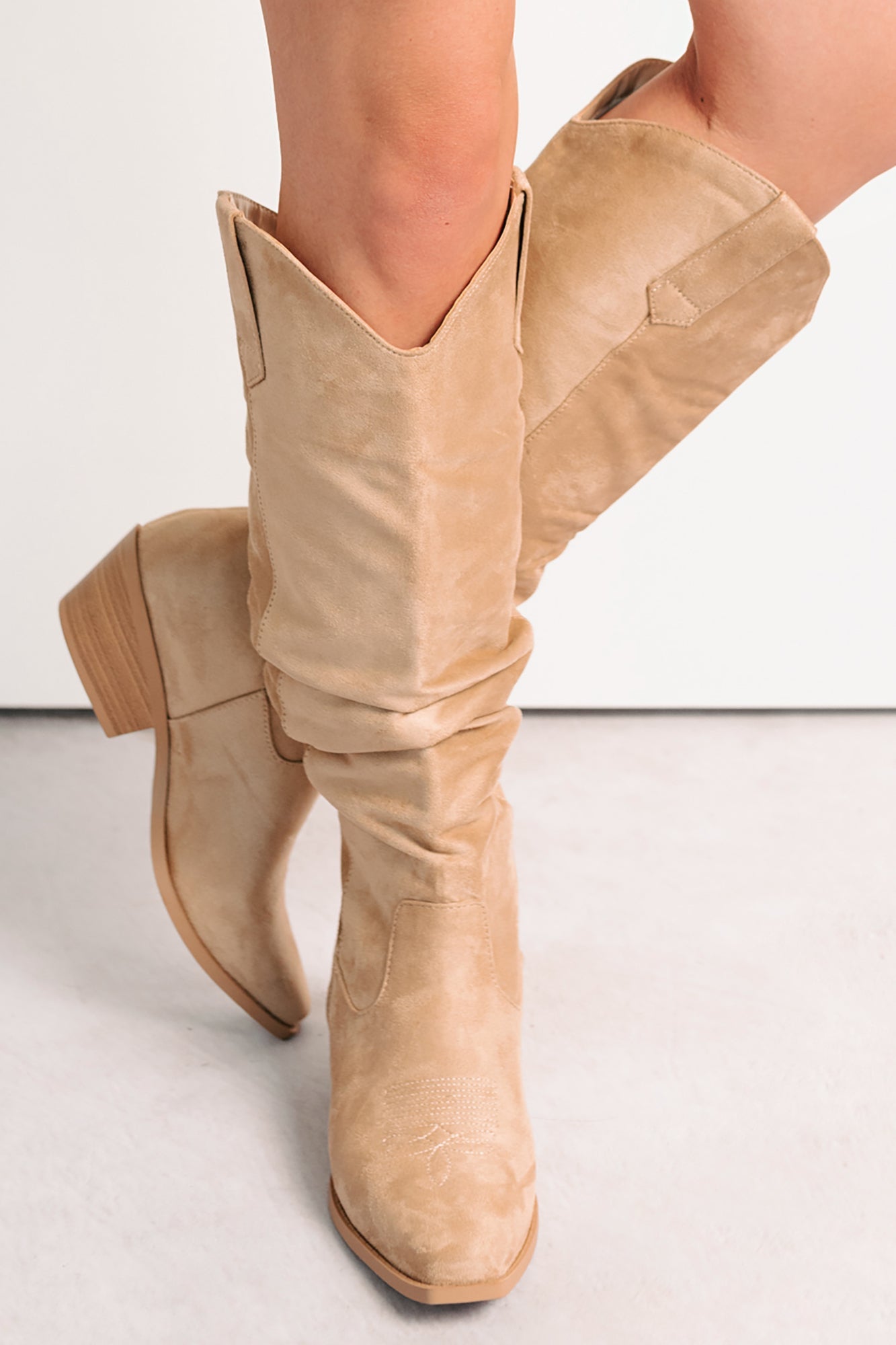 Stomp & Strut Faux Suede Slouch Boots (Light Sand)