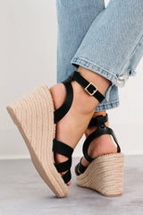 Scarlett Ankle Strap Espadrille Wedge Sandal (Black)