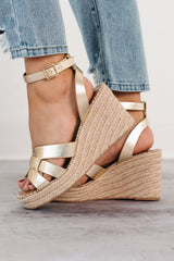 Scarlett Ankle Strap Espadrille Wedge Sandal (Gold)