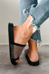 Shine On You Rhinestone Mesh Slide Sandals (Black)