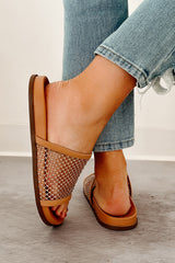 Shine On You Rhinestone Mesh Slide Sandals (Tan)