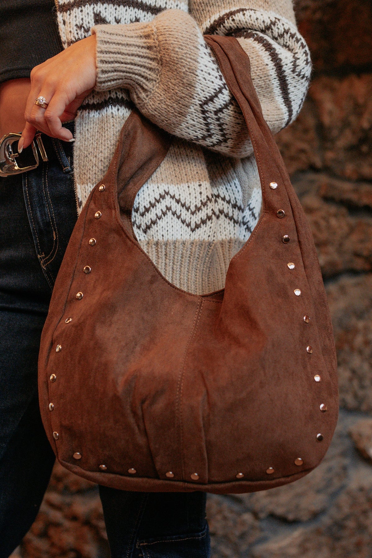 Chic Instinct Faux Suede Studded Handbag (Dark Brown)
