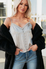 Own The Glow Sleeveless Lace Trim Top (Ash Grey)