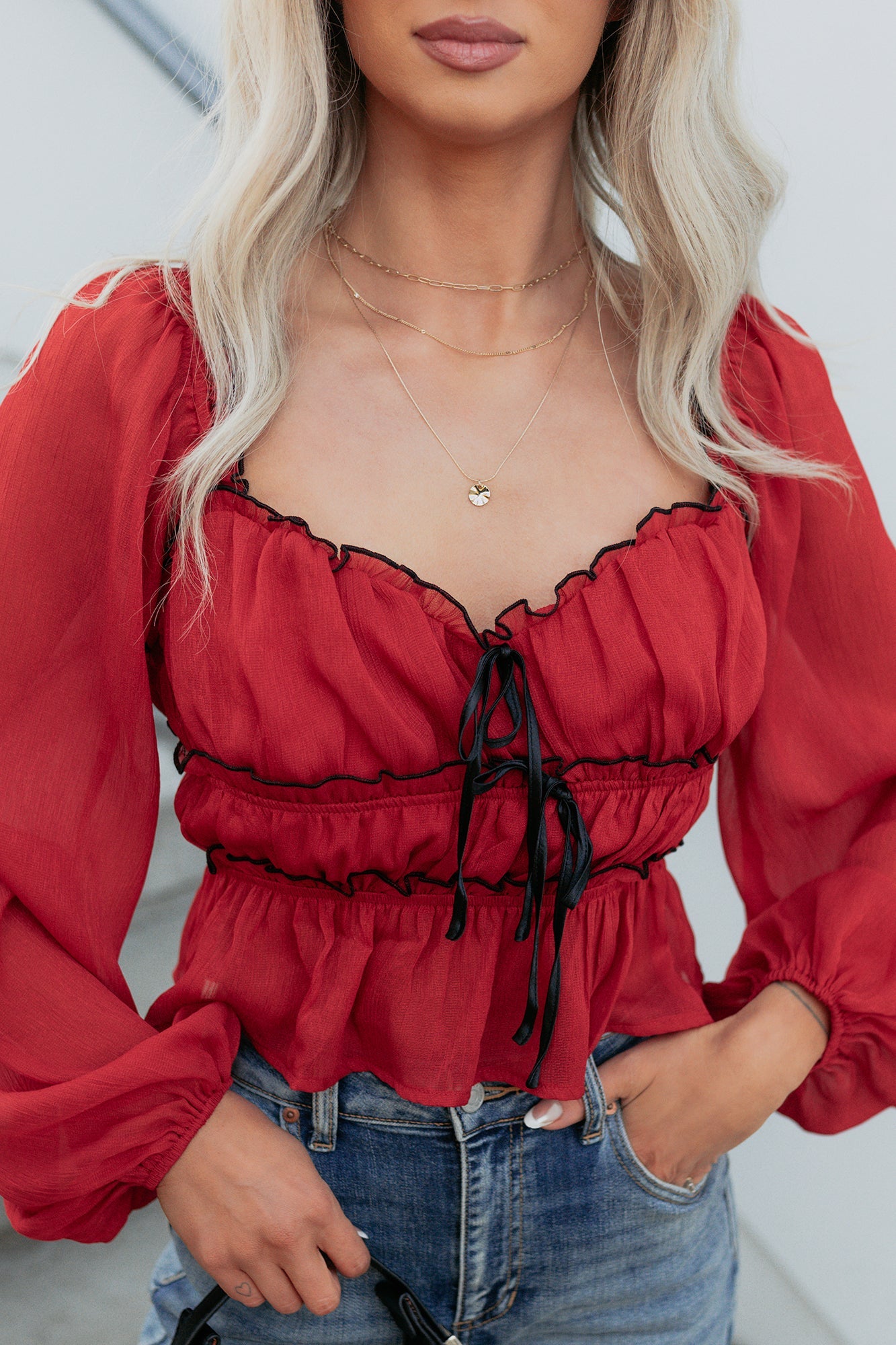 Cute With It Sweetheart Neck Bow Detail Top (Red Wine)