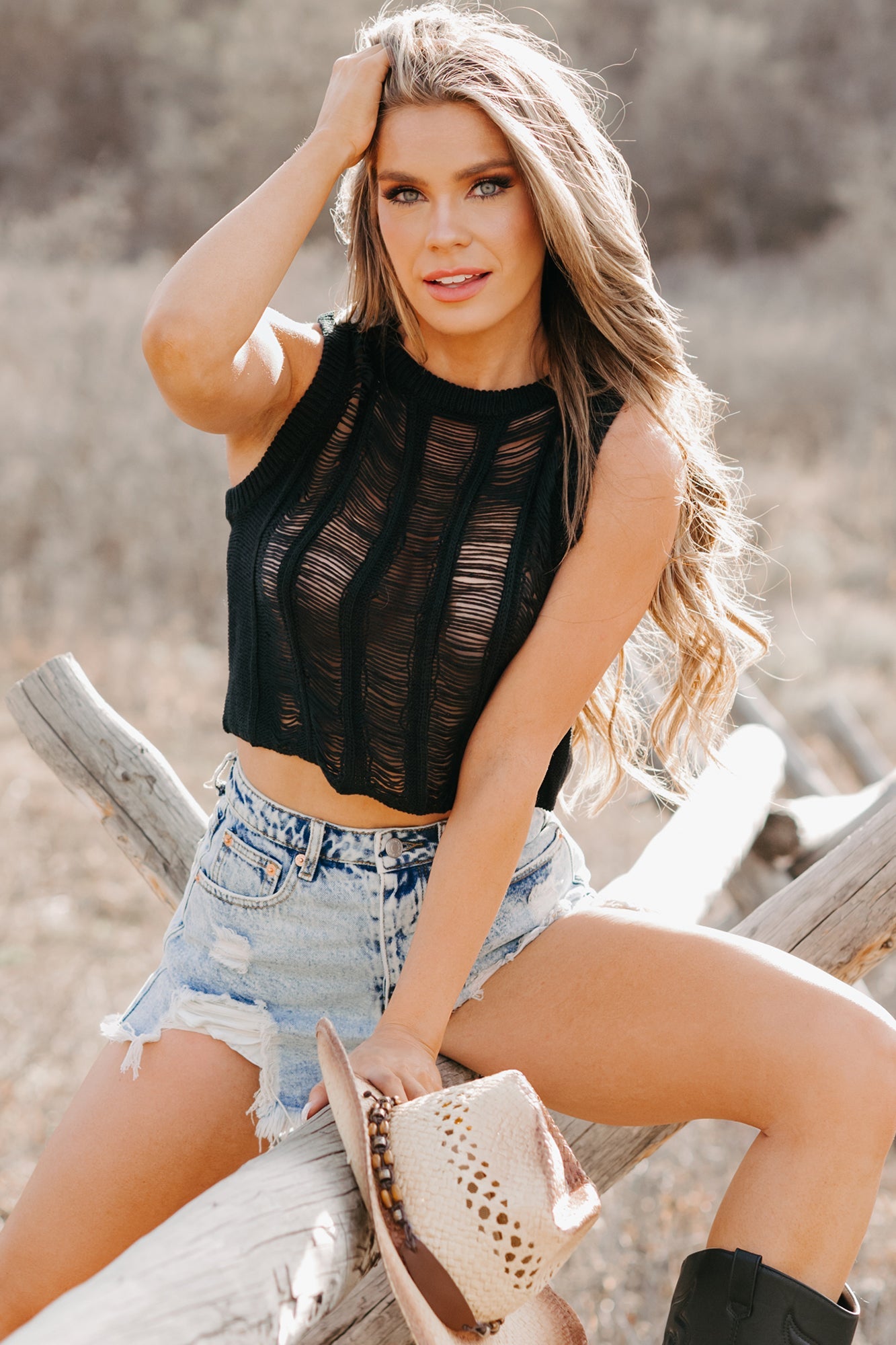Grit & Glamour Sleeveless Open Knit Top (Black)
